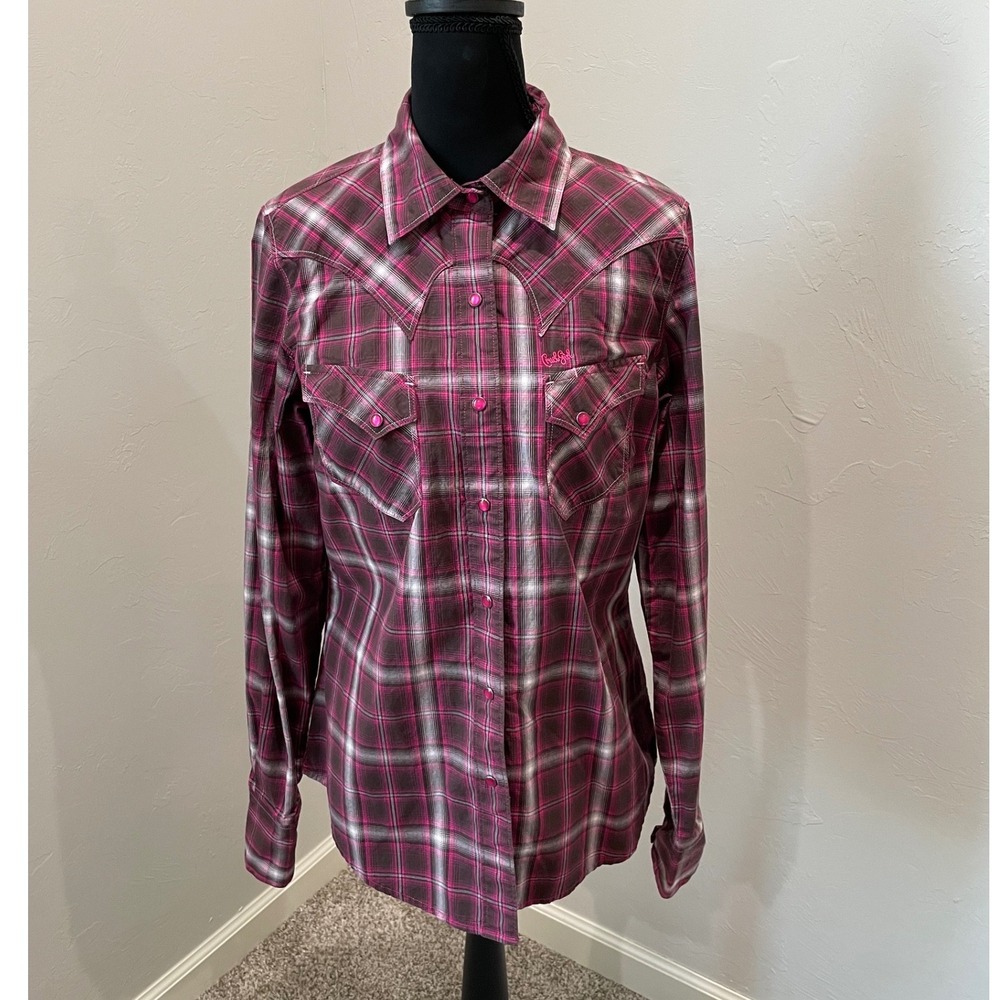 Cruel Girl Womens Pink Brown Plaid Western Snap Shirt Long Sleeve Cotton Medium
